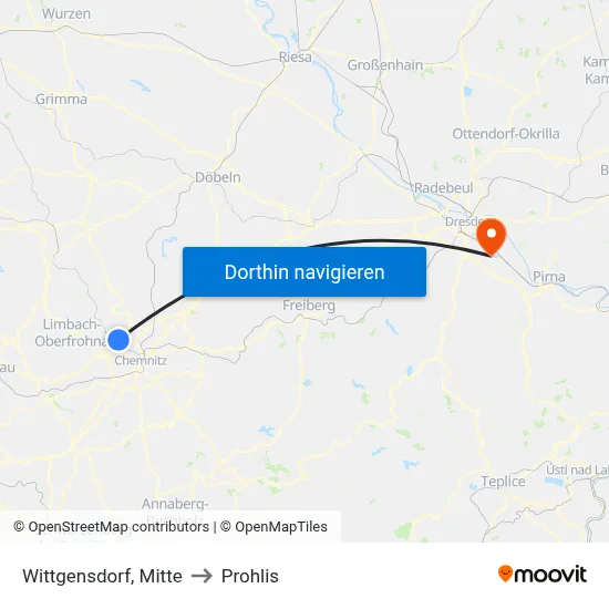 Wittgensdorf, Mitte to Prohlis map