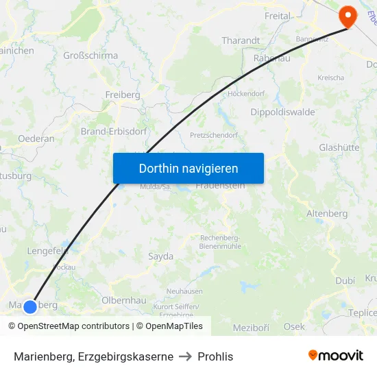 Marienberg, Erzgebirgskaserne to Prohlis map