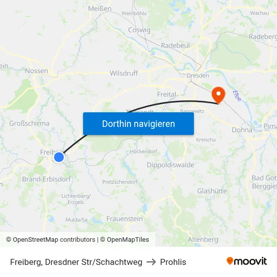 Freiberg, Dresdner Str/Schachtweg to Prohlis map