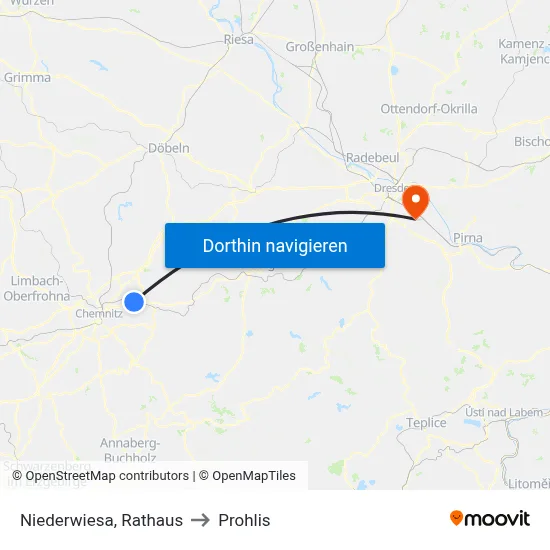 Niederwiesa, Rathaus to Prohlis map