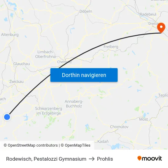 Rodewisch, Pestalozzi Gymnasium to Prohlis map