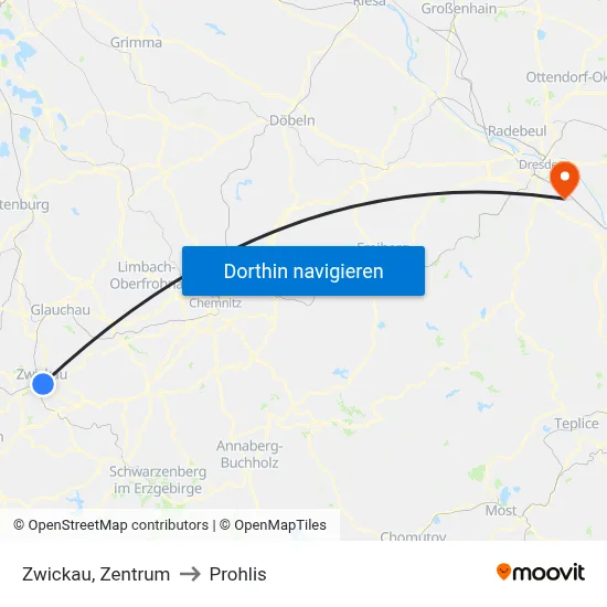 Zwickau, Zentrum to Prohlis map