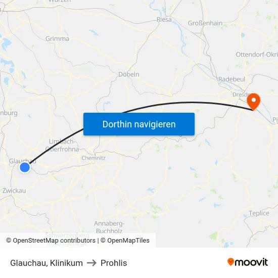 Glauchau, Klinikum to Prohlis map