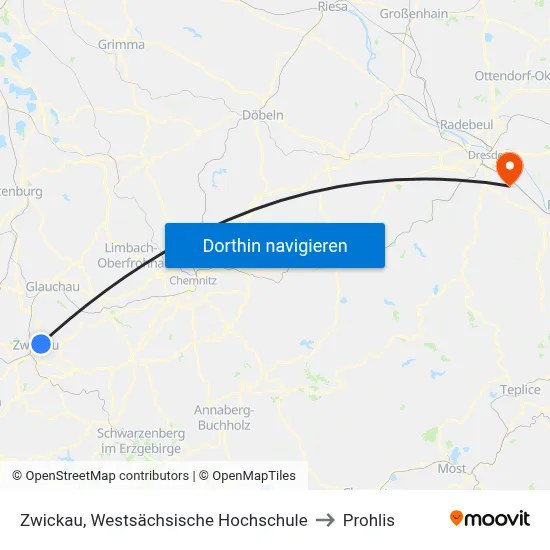 Zwickau, Westsächsische Hochschule to Prohlis map