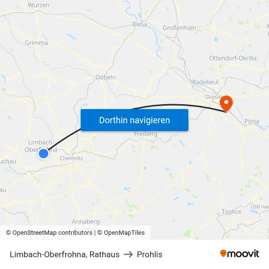 Limbach-Oberfrohna, Rathaus to Prohlis map
