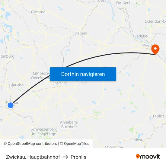 Zwickau, Hauptbahnhof to Prohlis map