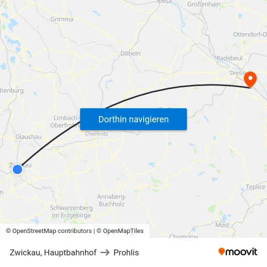 Zwickau, Hauptbahnhof to Prohlis map