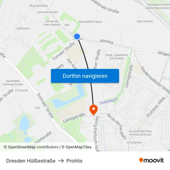 Dresden Hülßestraße to Prohlis map