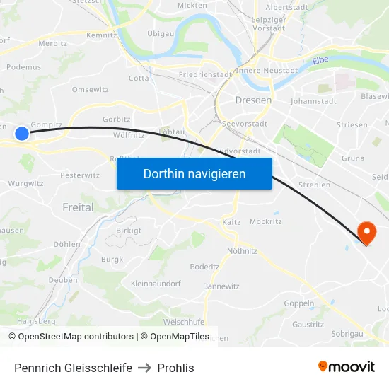 Pennrich Gleisschleife to Prohlis map