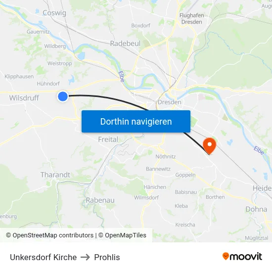Unkersdorf Kirche to Prohlis map