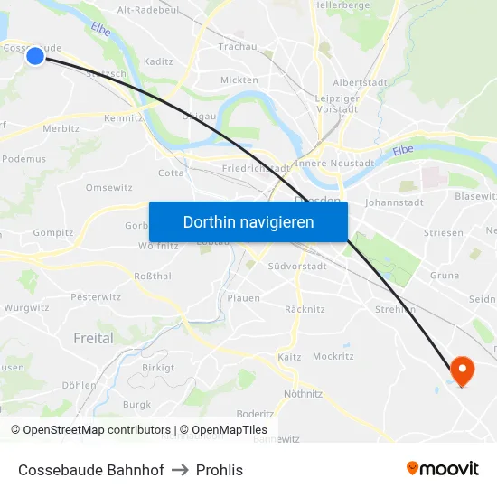 Cossebaude Bahnhof to Prohlis map