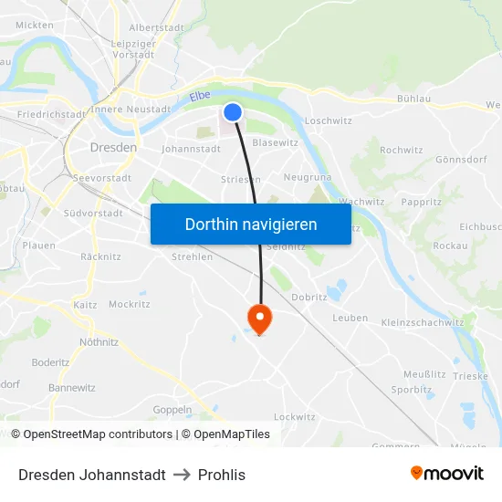 Dresden Johannstadt to Prohlis map