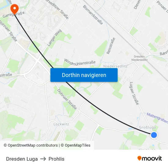 Dresden Luga to Prohlis map