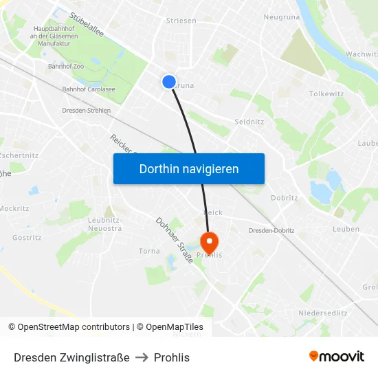 Dresden Zwinglistraße to Prohlis map