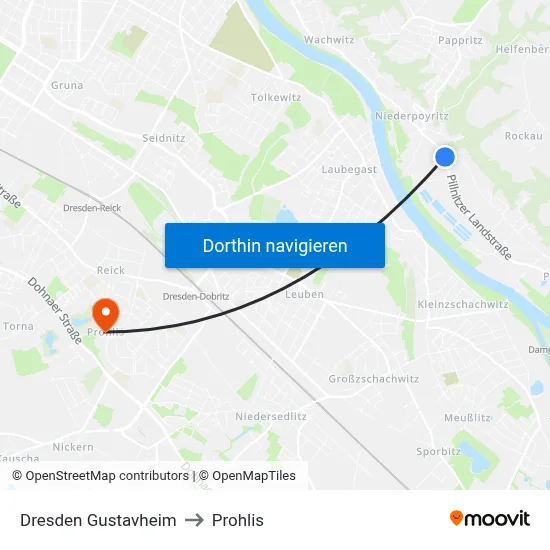 Dresden Gustavheim to Prohlis map