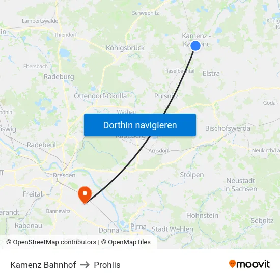 Kamenz Bahnhof to Prohlis map