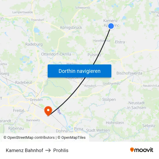Kamenz Bahnhof to Prohlis map