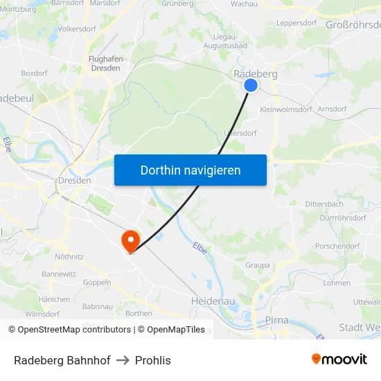 Radeberg Bahnhof to Prohlis map