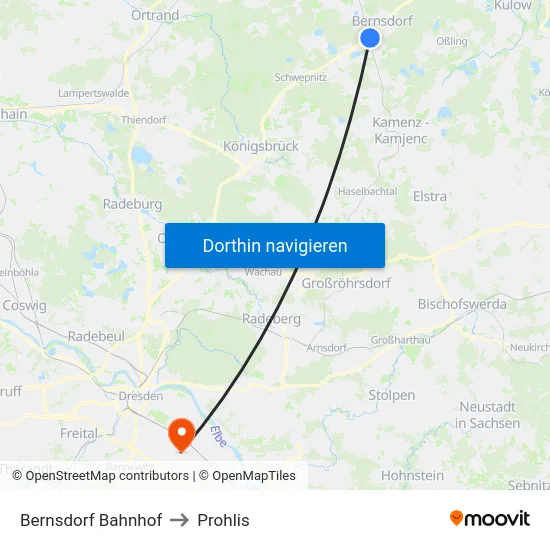 Bernsdorf Bahnhof to Prohlis map