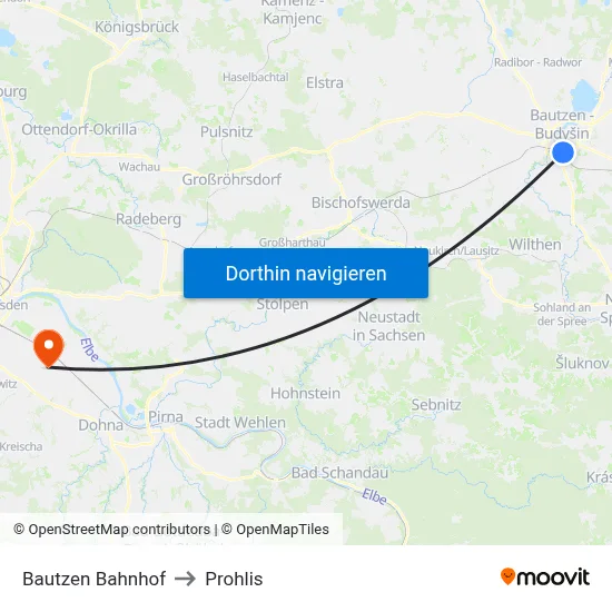 Bautzen Bahnhof to Prohlis map