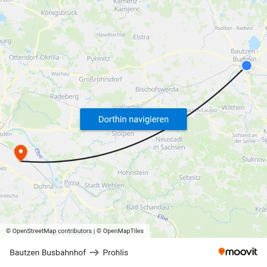 Bautzen Busbahnhof to Prohlis map