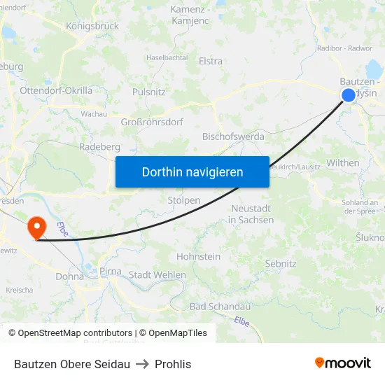 Bautzen Obere Seidau to Prohlis map