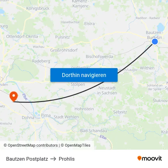 Bautzen Postplatz to Prohlis map