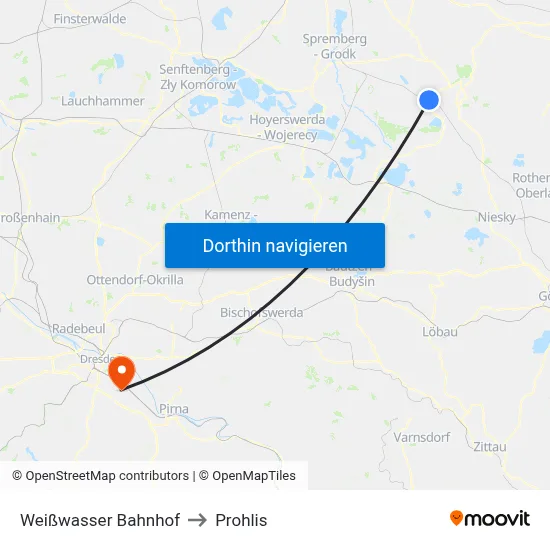 Weißwasser Bahnhof to Prohlis map