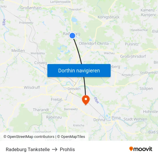 Radeburg Tankstelle to Prohlis map