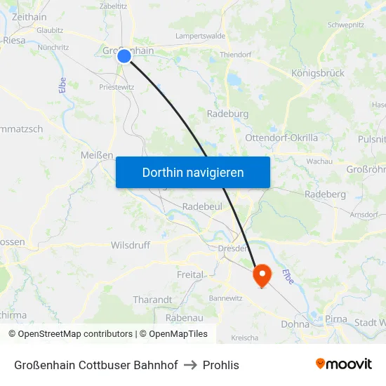 Großenhain Cottbuser Bahnhof to Prohlis map