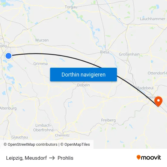Leipzig, Meusdorf to Prohlis map