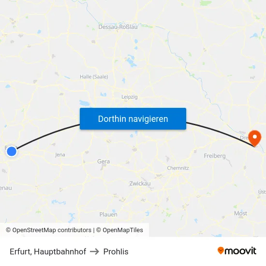 Erfurt, Hauptbahnhof to Prohlis map