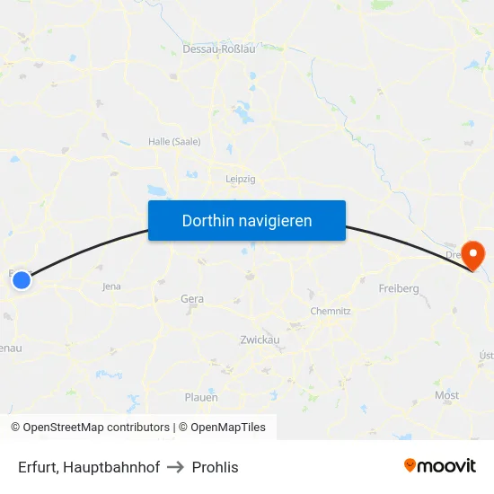 Erfurt, Hauptbahnhof to Prohlis map