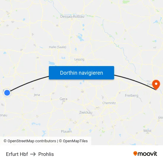 Erfurt Hbf to Prohlis map