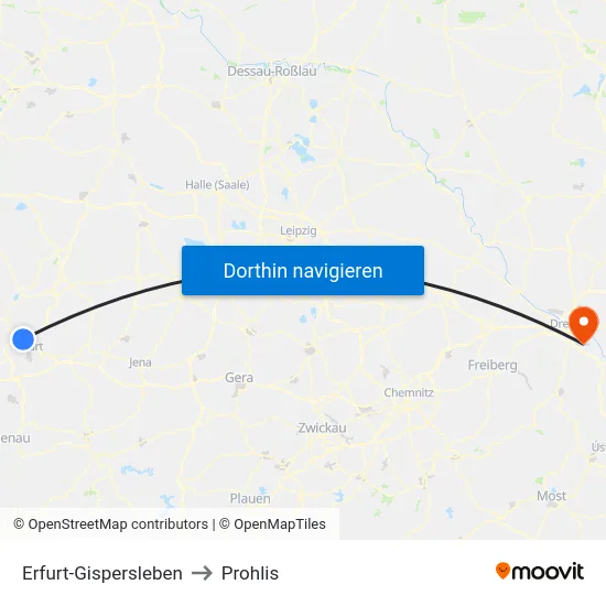 Erfurt-Gispersleben to Prohlis map