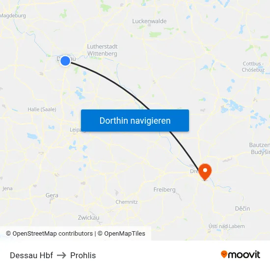Dessau Hbf to Prohlis map