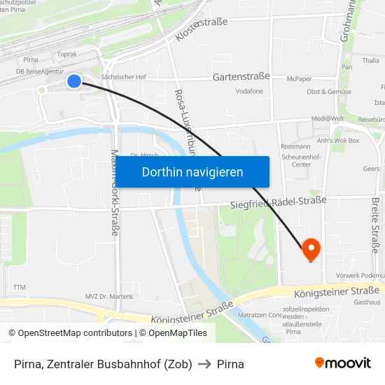 Pirna, Zentraler Busbahnhof (Zob) to Pirna map