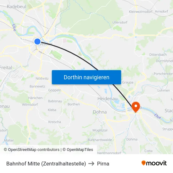 Bahnhof Mitte (Zentralhaltestelle) to Pirna map