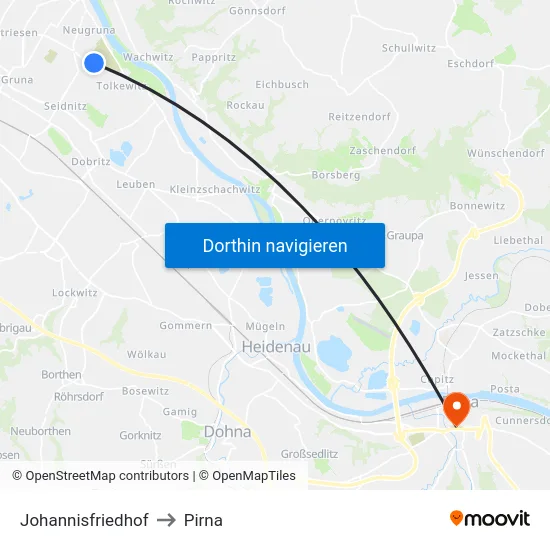 Johannisfriedhof to Pirna map