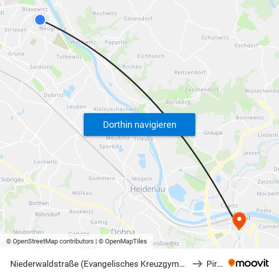 Niederwaldstraße (Evangelisches Kreuzgymnasium) to Pirna map