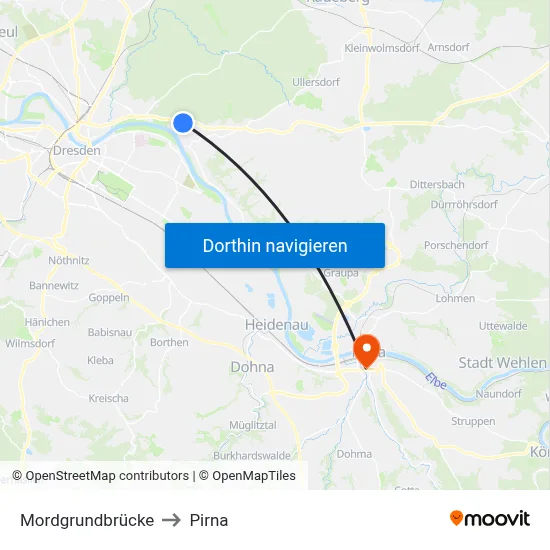 Mordgrundbrücke to Pirna map
