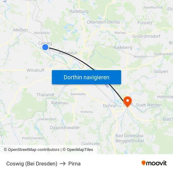 Coswig (Bei Dresden) to Pirna map