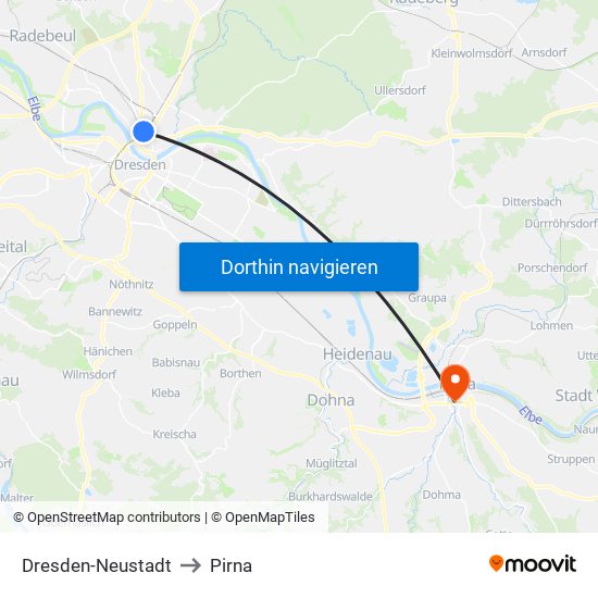 Dresden-Neustadt to Pirna map