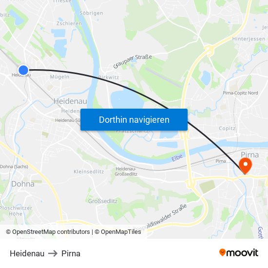 Heidenau to Pirna map