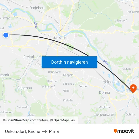 Unkersdorf, Kirche to Pirna map