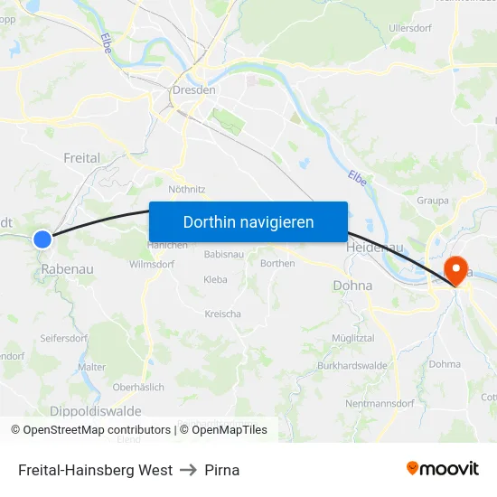 Freital-Hainsberg West to Pirna map