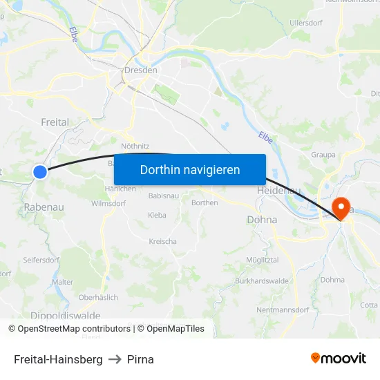 Freital-Hainsberg to Pirna map