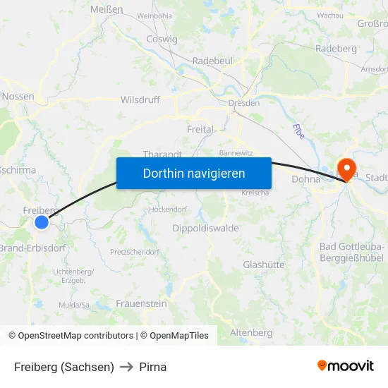 Freiberg (Sachsen) to Pirna map