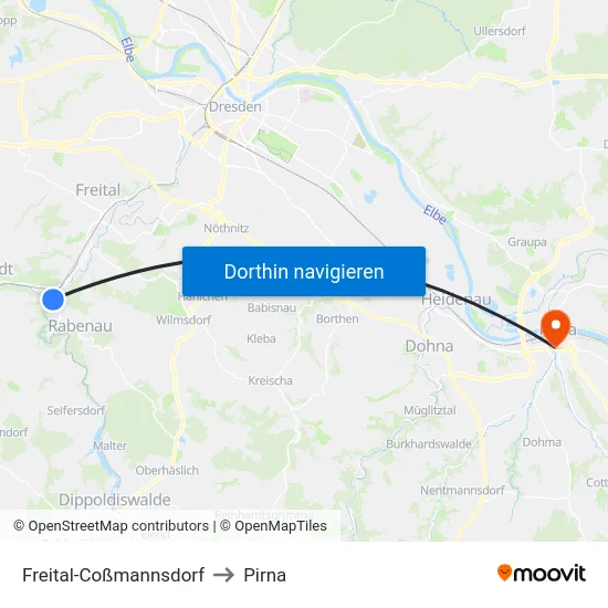 Freital-Coßmannsdorf to Pirna map