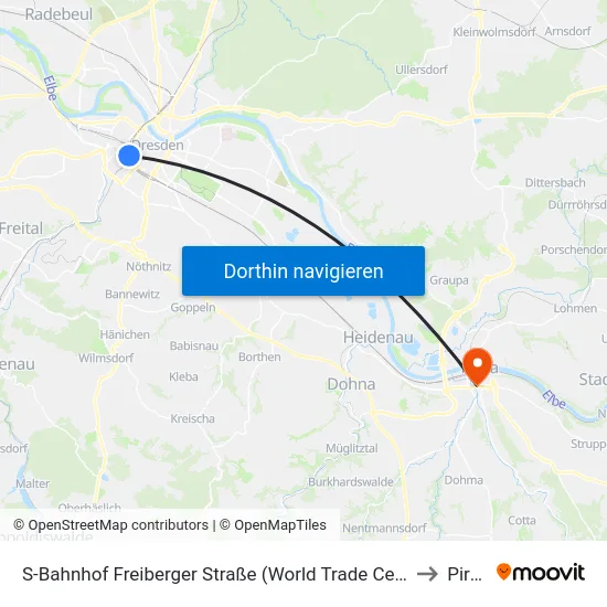 S-Bahnhof Freiberger Straße (World Trade Center) to Pirna map